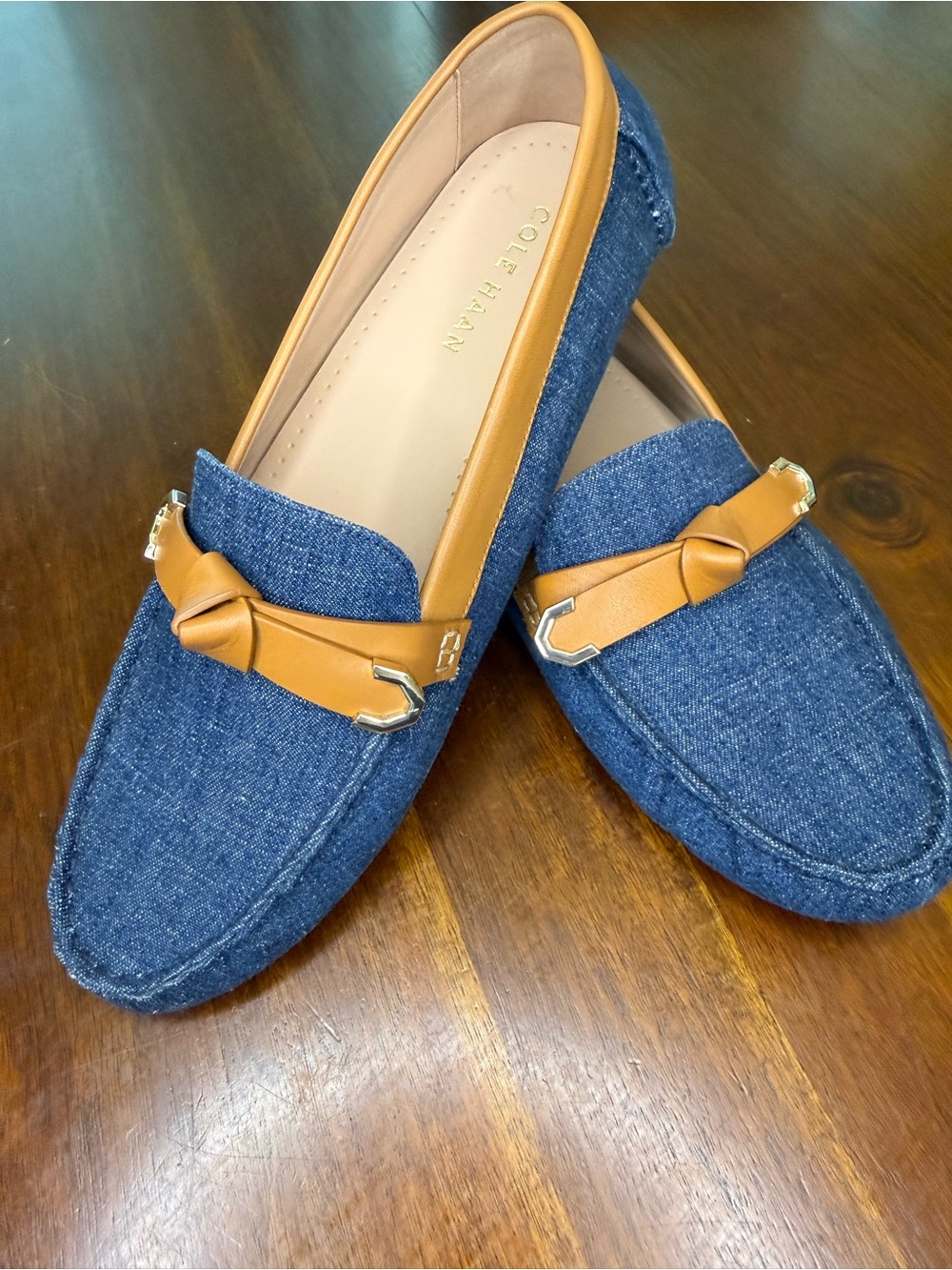 Cole Haan Blue Denim & Tan Leather Knot Loafers - Picture 7 of 7